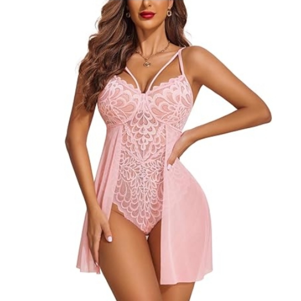 Babydoll Lingerie Floral Snap Crotch Teddy Chemise Nightie Lace Nightgown Pink